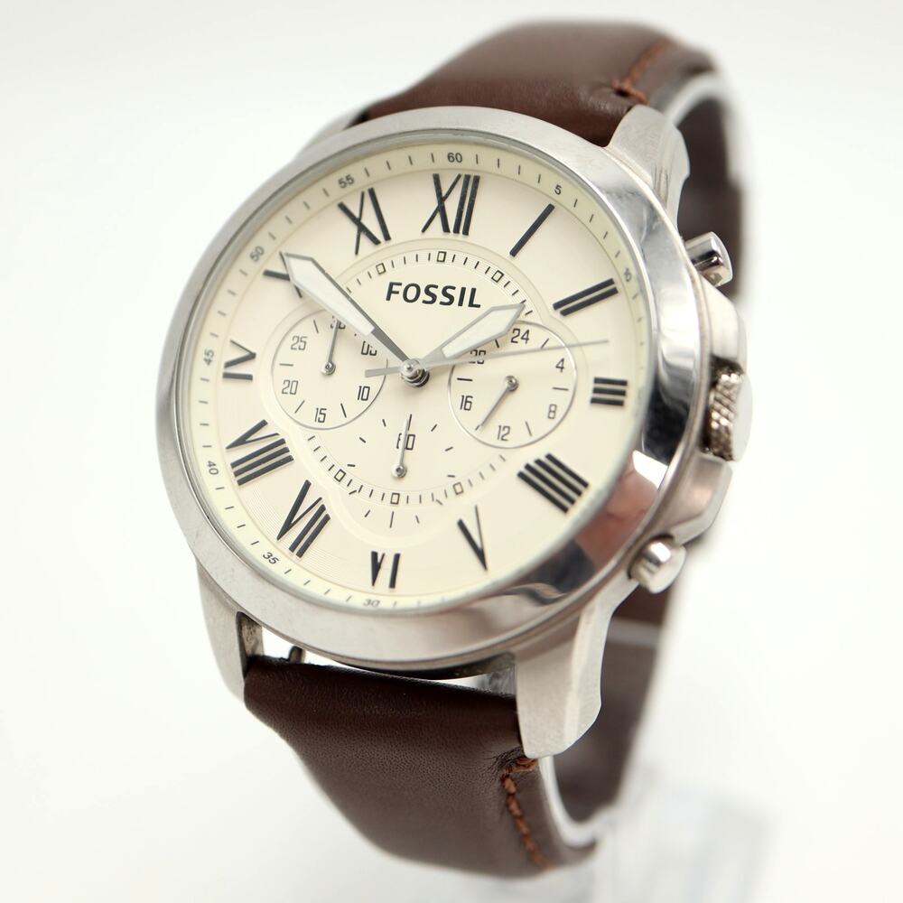 Fossil Grant Beige 44mm Chronograph Watch Brown Leather FS-4735 w New Battery